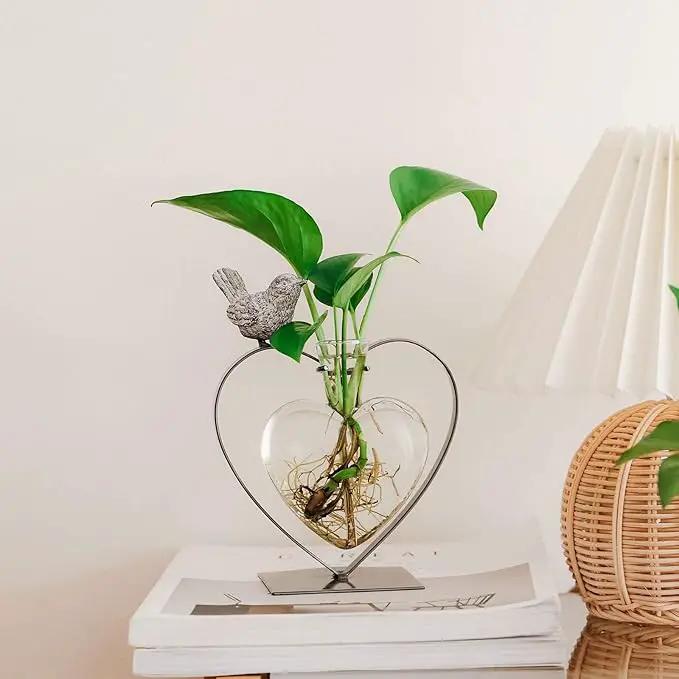 Marbrasse Desktop Glass Vase, Bulb Glass Vases for Holder, Creative Bird with Heart Planter Vase, Plant Terrarium Metal Stand for Modern Office Home Wedding Decorations by GreenHaven Gardens