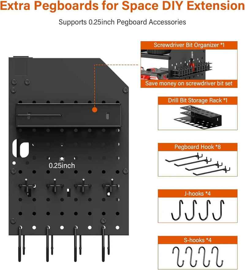 JUNNUJ Large Pegboard Power Tool Organizer with Charging Station, 8 Drills Driver and Tools Battery Holder Wall Mount with 8 Outlet 10 FT Power Strip, Black 3-Layer Shop Garage Storage Utility Rack by GreenHaven Gardens