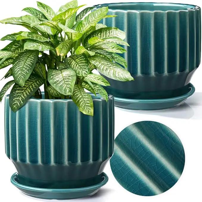 AISBUGUR Plant Pots 6 inch Ceramic Pots for Indoor Plants Set of 2 Flower Pots Unique Crackle Glaze Design Plant Pots with Drainage Hole and Saucer Come with Drainage Nets (Aqua Green) by GreenHaven Gardens