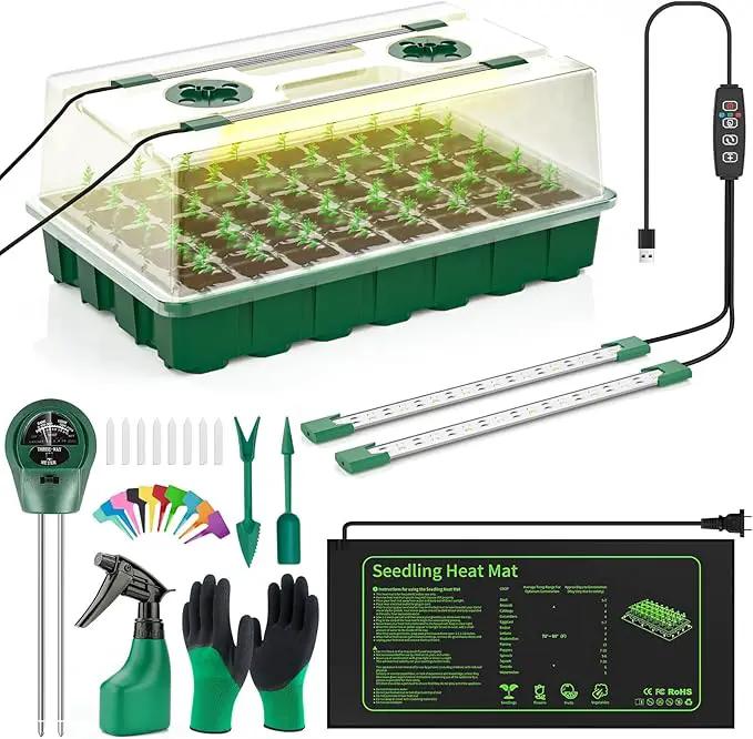Seed Starter Tray with Grow Light, 40 Cells Seed Starter Kit with Heat Mat, Seedling Starter Trays with Humidity Domes, Automatic Timer, Adjustable Brightness Indoor Greenhouse by GreenHaven Gardens