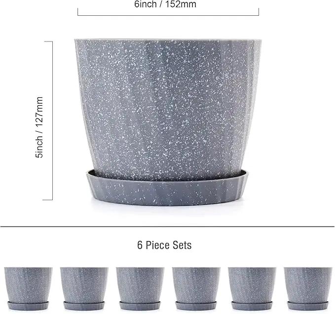 6 Inch Plant Pots Bulk, 6 Pack Plastic Planters with Drainage Holes and Saucers for Indoor Outdoor House Plants and Flowers, Grey Spots by GreenHaven Gardens