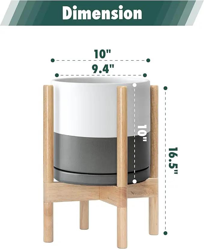 D'vine Dev Ceramic Planter with Natural Stand - 10 Inch Modern Round Flower Pot with Wood Planter Holder, White/Grey, 55-B-K-6 by GreenHaven Gardens