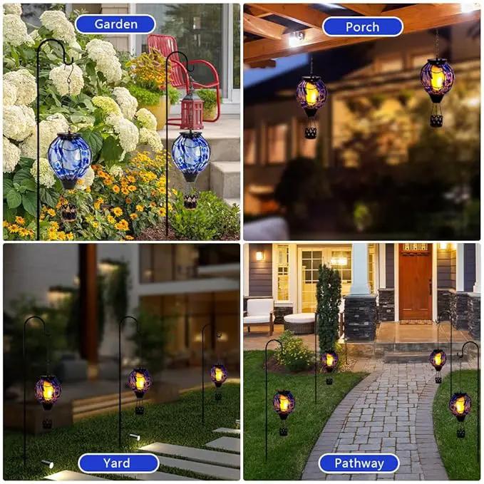 2PCS Solar Hot Air Balloon Lantern with Flickering Flame,Blue Glass Hot Air Balloon Solar Lanterns Outdoor Waterproof Hanging Decorative Light for Patio Porch Yard,Garden Gifts for Women by GreenHaven Gardens