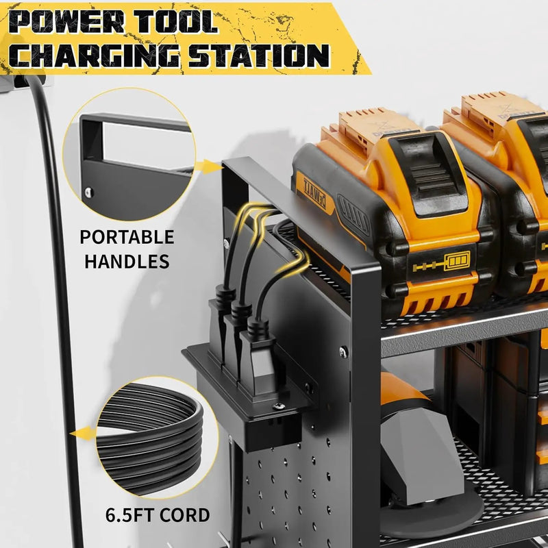 Power Tool Organizer with Charging Station Wall Mount, 3 Layer Expanded Heavy Duty Garage Organization, 48.8 Inch Length Garage Tool Storage, 4 Drill Slot, 16" Standard Hole, Black by GreenHaven Gardens