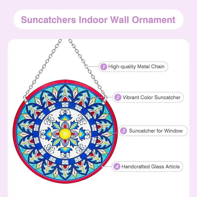 Mandala Suncatcher Stained Glass - Handmade Gifts for Women, Suncatchers for Windows - Window Hangings with Chain and Hook, 6 inch Stained Glass Suncatcher for Mom by GreenHaven Gardens