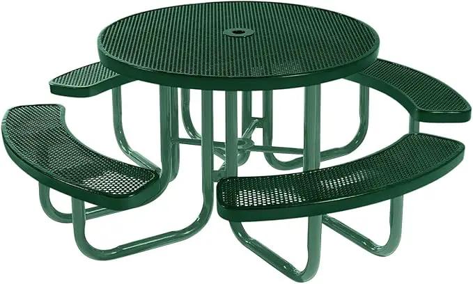 Heavy-Duty Portable Outdoor Picnic Table with Umbrella Hole, Punched Steel Commercial-Grade Patio Furniture Made in America (46" Round Top, Green with Green Frames) by GreenHaven Gardens