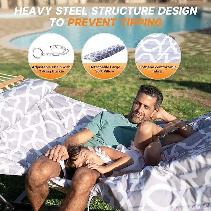 2 Person Outdoor Hammock with Stand, Cotton Rope Hammock with Polyester Pad, Adjustable Steel Frame, Portable with Carrying Bag – for Patio, Backyard, Garden, Beach, White-Gray by GreenHaven Gardens