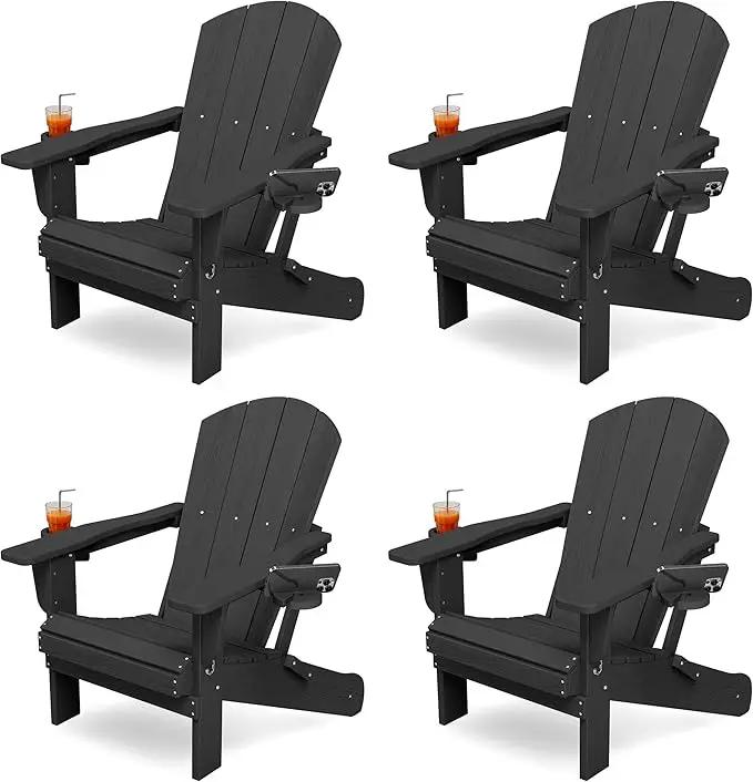 KINGYES Folding Adirondack Chair Set of 4, Dual Cup Holders & All-Weather HDPE, Wood-Like Patio Chair for Backyard, Camping, Pool & Fire Pit, Black by GreenHaven Gardens