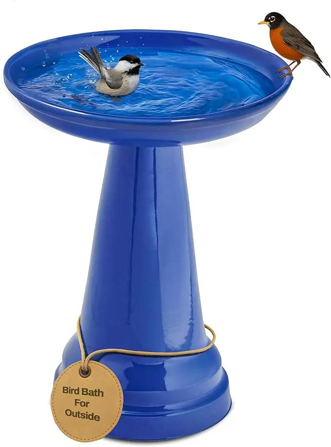 Birds Choice Ohio Stoneware Bird Bath | Pedestal Bird Bath, Stable Locking Top | Weather-Resistant Ceramic Clay, Glazed Finish | Outdoor Garden & Patio Decor | 22" H x 17" D, Summer Blue by GreenHaven Gardens