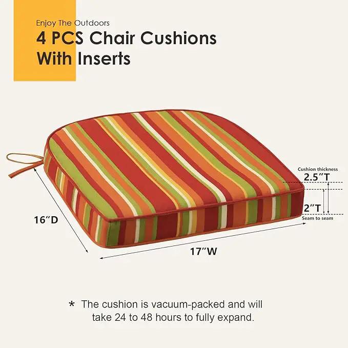 Outdoor Round Corner Seat Cushion, 17"x16"x2", Set of 4, Non Slip Seat Cushion Pads with Removable Cover for Patio Furniture, Garden Yard Lawn, Rainbow Stripe by GreenHaven Gardens