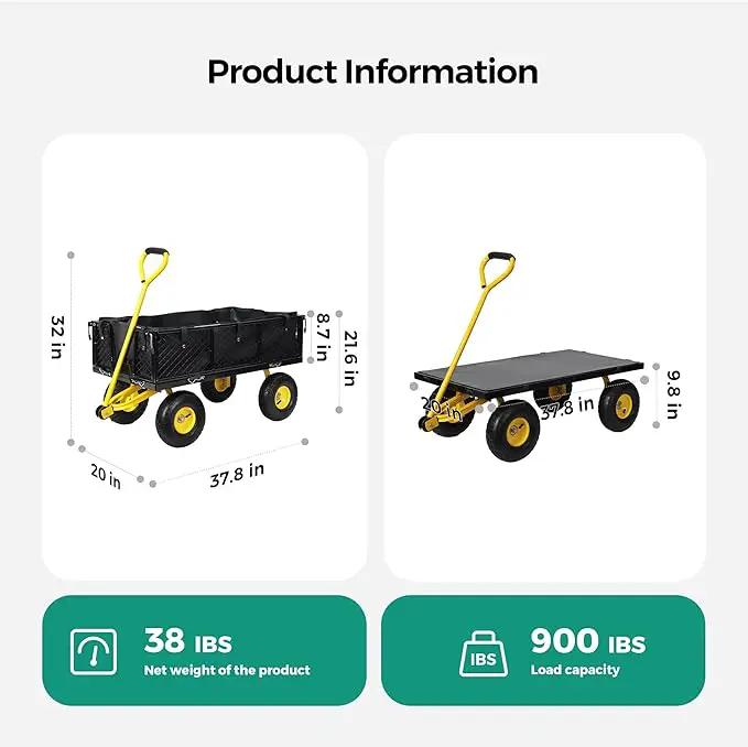 SUNNYFEEL 900 Lbs Capacity Heavy Duty Mesh Steel Garden Cart,Folding Utility Cart with Removable Side Nets, Non-Slip Rubber Base, Black & Yellow,Upgraded Version by GreenHaven Gardens