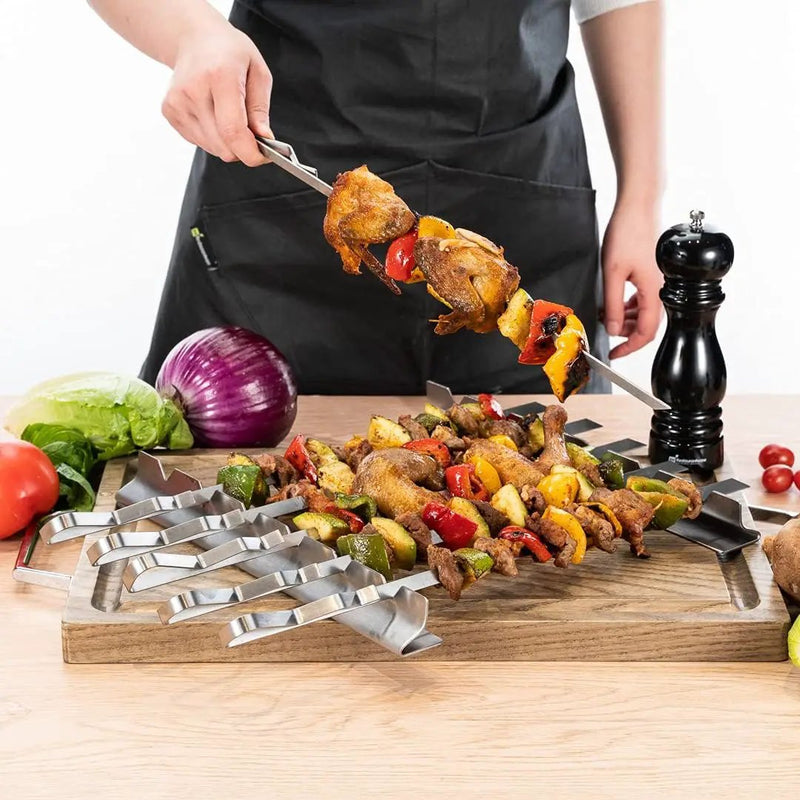 Restaurantware Met Lux 16.9 Inch Barbecue Skewers With Racks 8 Piece Heavy-Duty Shish Kabob Skewer Set - Brings 6 Skewers Includes 2 Grill Racks Stainless Steel Grilling Skewer Set Reusable by GreenHaven Gardens