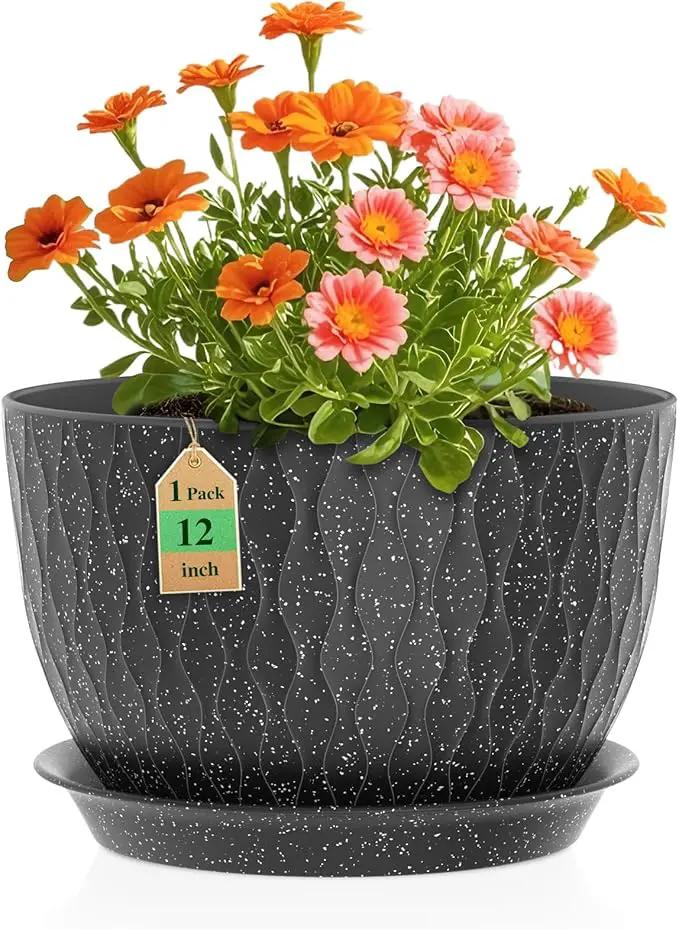 12 Inch Wide Water Ripples Flower Pots for Indoor or Outdoor Plants, Large Plant Pots with Drainage Holes & Saucer, Plastic Planters Set for Garden & Home Decor (Black with White Speckles) by GreenHaven Gardens