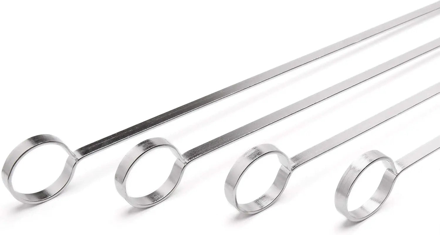 THORIUM BBQ Skewers |Shish Kebab Rotisserie Skewers for Grilling | Sharp Flat S kewers with Ring Handle for Easy Turning | Durable Stainless Steel | 12 Pieces, 35cm Long | Includes Basting Brush by GreenHaven Gardens