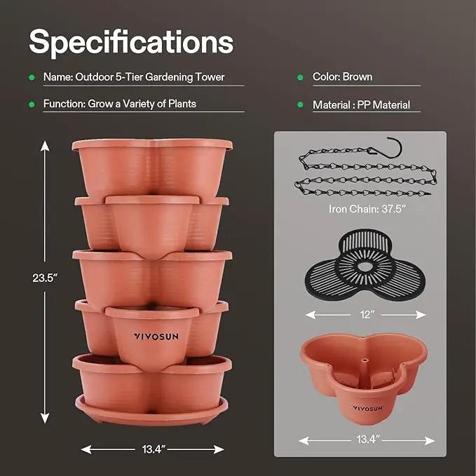 VIVOSUN 5 Tier Vertical Gardening Stackable Planter for Strawberries, Flowers, Herbs, Vegetables, Brown by GreenHaven Gardens