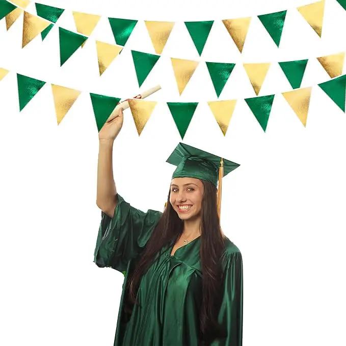 Green Gold Party Decorations Metallic Fabric Triangle Pennant Banner Flag Bunting Garland for Graduations Birthday Retirement Wedding Baby Shower Spring Summer Master Golf Theme Outdoor Party Supplies by GreenHaven Gardens