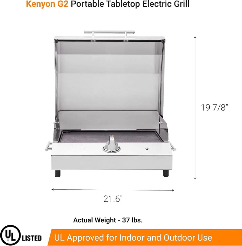 Kenyon G2 Portable Tabletop Electric Grill, 1440W Single Burner, Stainless Steel Body, Cast Aluminum Grate, UL Approved Grill For Indoor And Outdoor Use, Removable Lid, Dishwasher Safe, 120Volts by GreenHaven Gardens