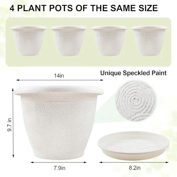 Plastic Flower Pots Planters for Indoor Plants, 4 Pack 14 Inch White Plant Pots with Drainage Hole & Tray, Modern Decorative Large Plant Pot with Saucer for Indoor Outdoor Plants Garden House Planter by GreenHaven Gardens