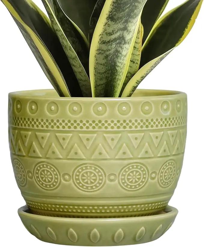 G EPGardening Indoor Plant Pot 5.5 Inch - Ceramic Planter with Drainage Hole and Saucer, Round Boho Plant Pot for Indoor Plants, Plant Lover Gifts, Home Garden Office Decor, Green by GreenHaven Gardens