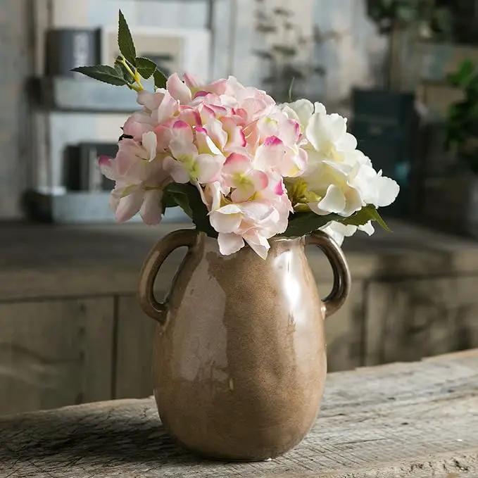 Brown Ceramic Vase with 2 Handles, Modern Farmhouse Decor, Rustic Terracotta Pottery, Decorative Flower Vases, Clay Small Vase, Centerpiece for Dining Table - 7 Inch Tall by GreenHaven Gardens