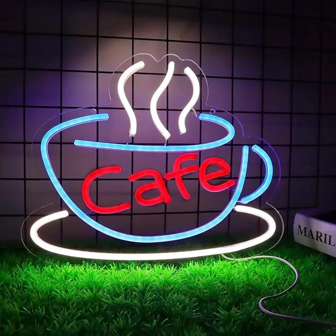 Cafe Neon Sign for Coffee Bar Pub Decor,Blue Wall Art Decoration For Restaurant Living room,Led Light of Cafe,USB Power Supply With Metal Chain. by GreenHaven Gardens