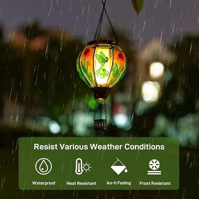 Hummingbird and Sunflower Solar Hot Air Balloon Lantern with Flame, Glass Hot Air Balloon Solar Lantern Outdoor Waterproof, Hanging Solar Lantern for Outside Garden Patio Tree Porch Yard by GreenHaven Gardens