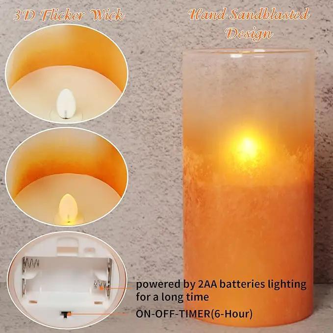 Orange Flameless Candles - Battery Operated Candles with Remote Orange Glass Sandblasted Design Wax Unscented - Centerpieces for Dinner Table Tray House Warming Thanksgiving Gifts by GreenHaven Gardens