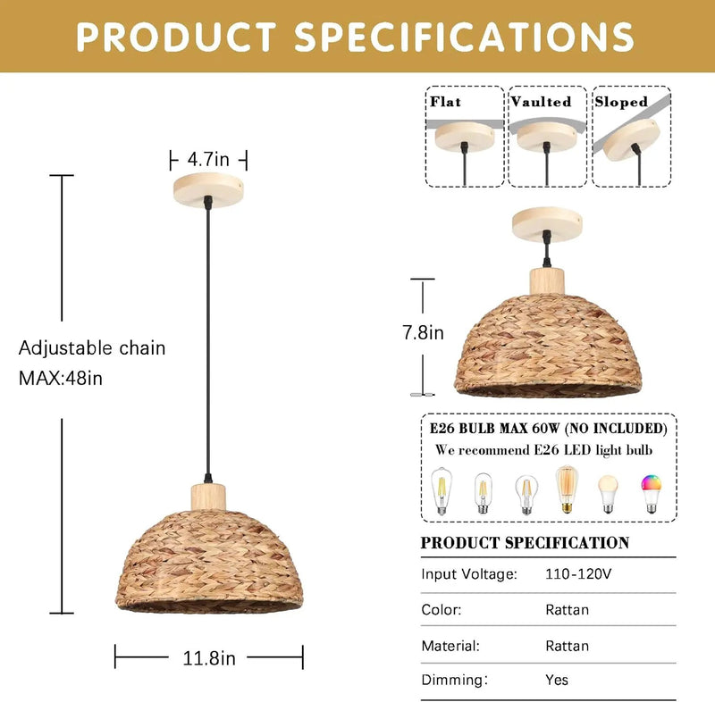 Boho Pendant Lights Kitchen Island, 11.8" Hand-Woven Rattan Light Fixture Bohemian Lighting Farmhouse Seagrass Weaving Hanging Ceiling Light Chandelier for Living Dining Room Restaurants by GreenHaven Gardens