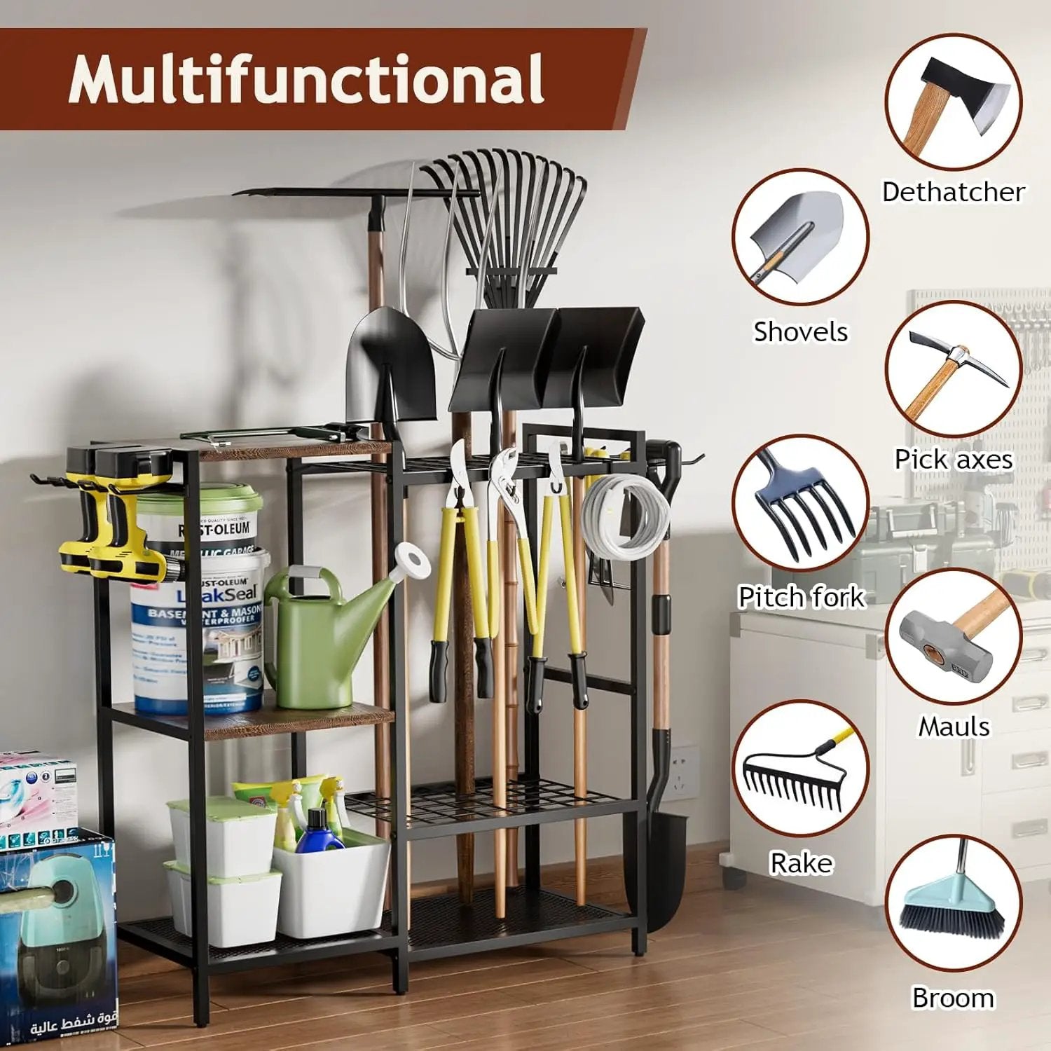 Garden Garage Tool Organizer - with 3-tier Shelves, Yard Tool Organizer for Garage with 4 Hooks, Heavy duty Steel Garden Tool Rack Holds up to 48 Long Handled Yard tools for Storage by GreenHaven Gardens