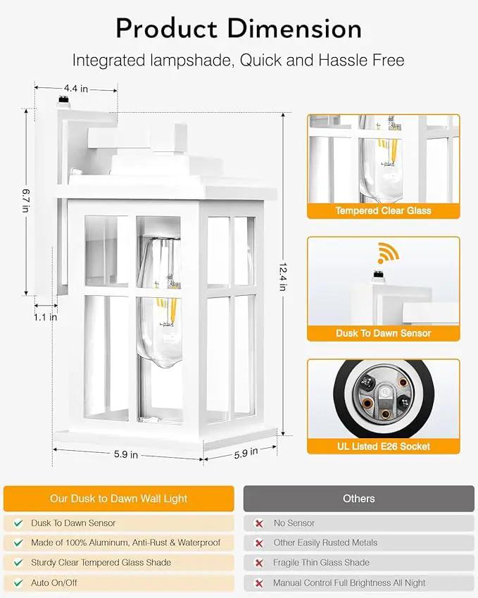 White Outdoor Wall Lights, Dusk to Dawn Exterior Lighting Fixtures, Waterproof Outside Lights for House, Garage, Garden, Entryway, Doorway, Anti-Rust, Modern Style, Tempered Glass by GreenHaven Gardens