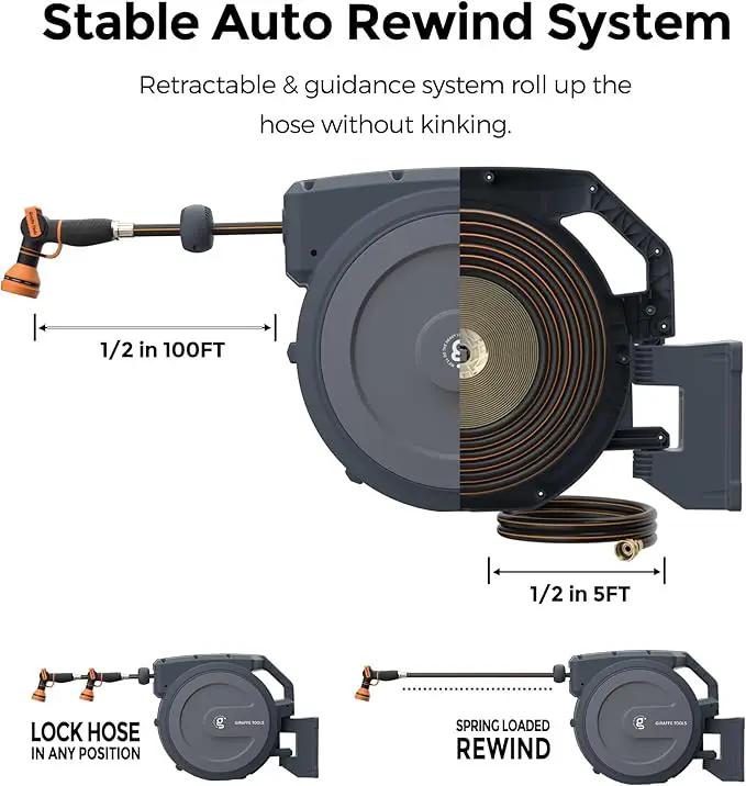 Giraffe Tools AW30 1/2MB Retractable Garden Hose Reel 1/2" x 100 ft PRO Metal Bracket, Heavy Duty, Any Length Lock Hose Reel, 100 ft, Dark Grey by GreenHaven Gardens
