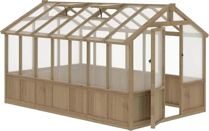 8x14 FT Outdoor Greenhouse Kit, 6MM Thick Polycarbonate Panel Wooden Walk-in Green House with Adjustable Roof Vents & Roof Vents, Backyard Garden, Light Mocha Brown by GreenHaven Gardens