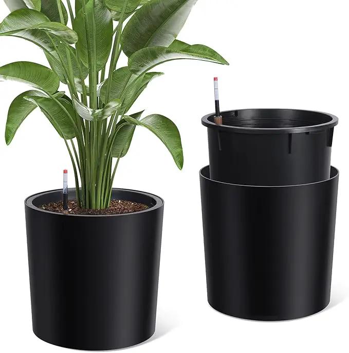 Tall Round Planter Set of 2, 19.5‘’ H x 19.9" Dia Large Planters for Indoor Plants with Built-in Drainage and a Water Level Monitor and Wheels for Patio, Porch, Living Room, or Home Office, Black by GreenHaven Gardens