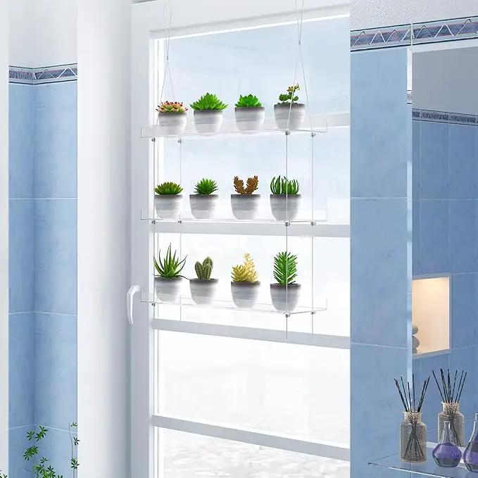 3-Tier Clear Hanging Window Plant Shelves 16In, Height Adjustable Acrylic , Indoor Windows Wall Hanging Plant Stand Flower Display, Flower Pot Organizer Storage for Grow Herbs, Microgreens, Succulents by GreenHaven Gardens