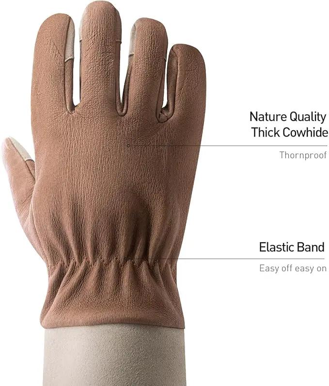 HANDLANDY Long Gardening Gloves for Men & Women, Thorn Proof Rose Pruning Gloves Leather Gauntlets Garden Glove Yard Work Glove (Medium, Brown) by GreenHaven Gardens