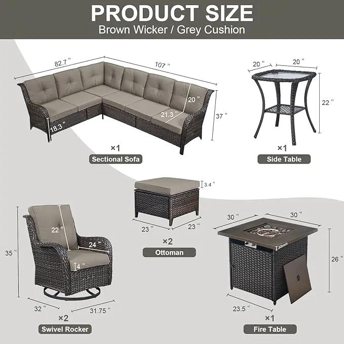 Outdoor Sectional Furniture Sofa Set with Propane Fire Pit Table, Wicker Patio Conversation Set with 2 Swivel Rocker Glider Chairs Grey Cushion Perfect for Backyard Casual Gathering by GreenHaven Gardens