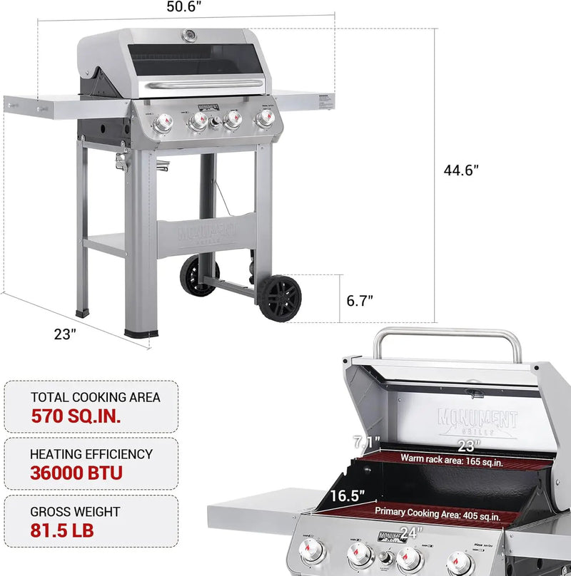 Monument Grills 4-Burner Liquid Propane Gas Grill, Silver Stainless Steel Grill Patio Garden Barbecue Grill with Clearview® Lid and One Foldable Shelf, Mesa400MF with BBQ Cover by GreenHaven Gardens