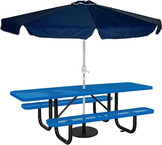 Global Industrial 8'L Rectangular Picnic Table, ADA Compliant, Expanded Metal, Blue Thermoplastic Coating, Attached Benches, 1-1/2” Umbrella Pole Hole, Outdoor-Rated by GreenHaven Gardens