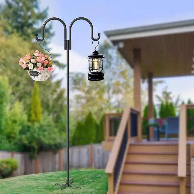 Double Shepherds Hooks for Outdoor, 2 Pack 63 Inch Bird Feeder Pole Hanger with 5 Prongs Base, Heavy Duty Bird Feeder Garden Hook for Hanging Plant, Lantern, Hummingbird Feeder by GreenHaven Gardens