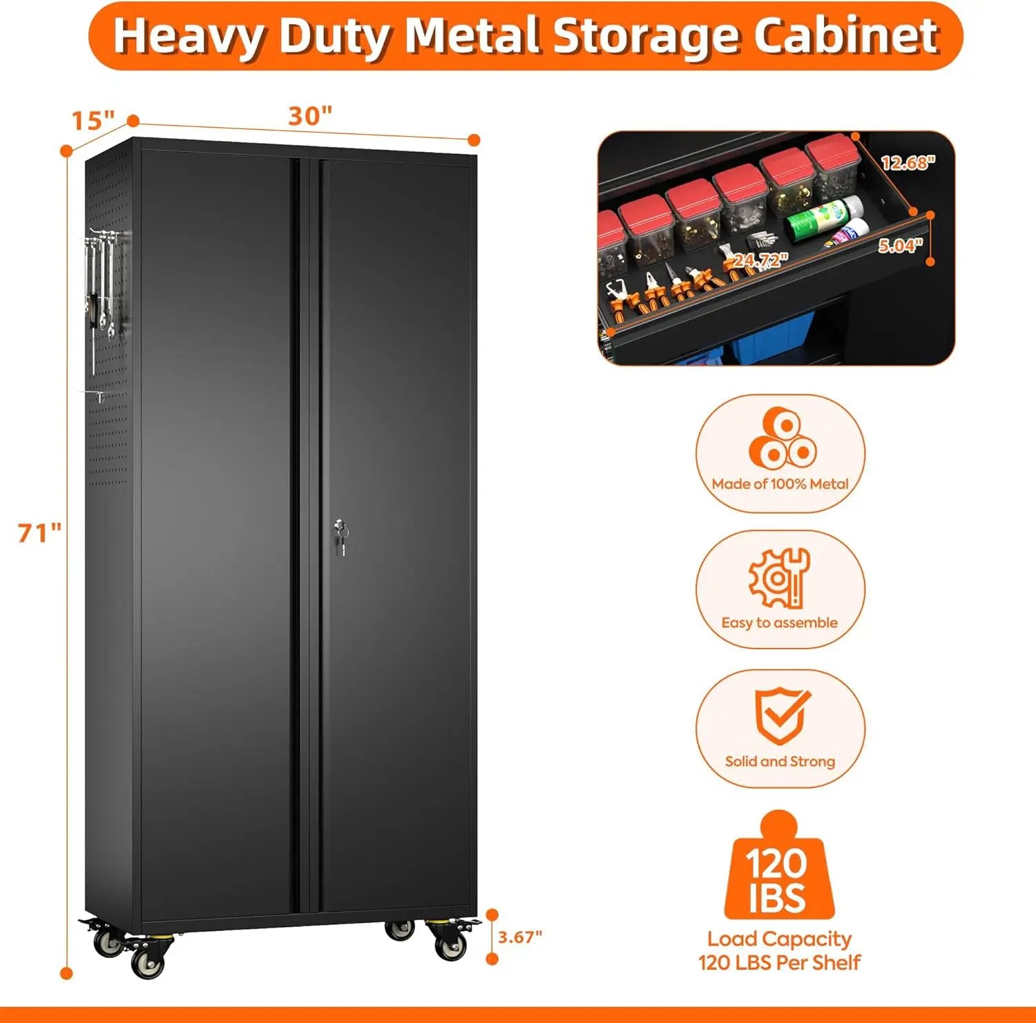 Aobabo Metal Storage Cabinet with Wheels and Adjustable Pegboard, Steel Rolling Tool Cabinet with 16 Hooks and 1 Interior Drawers for Garage, Home, Office, Kitchen, Black, Assembly Required by GreenHaven Gardens