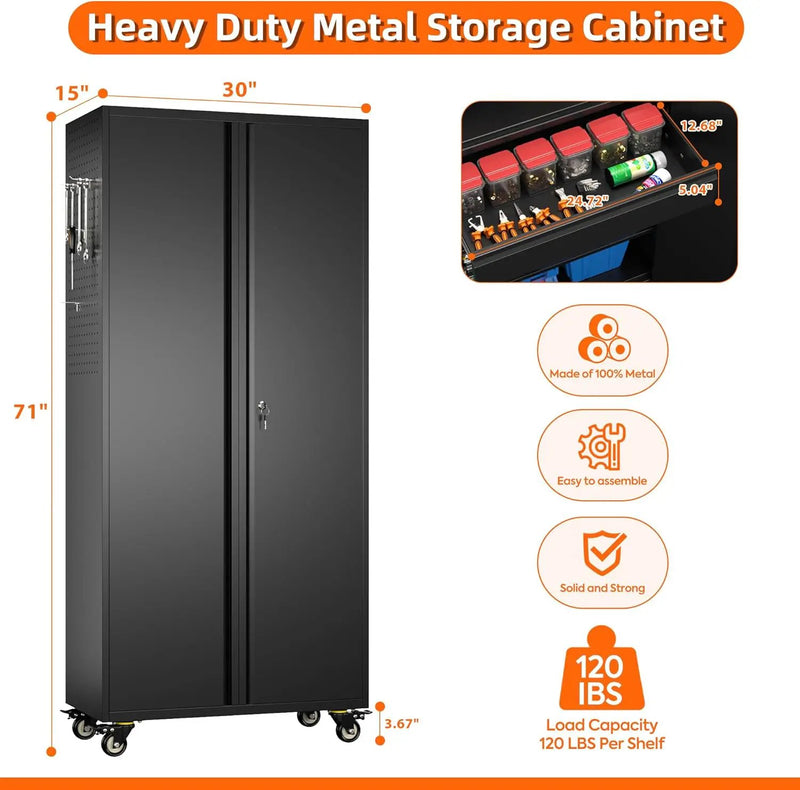 Aobabo Metal Storage Cabinet with Wheels and Adjustable Pegboard, Steel Rolling Tool Cabinet with 16 Hooks and 1 Interior Drawers for Garage, Home, Office, Kitchen, Black, Assembly Required by GreenHaven Gardens