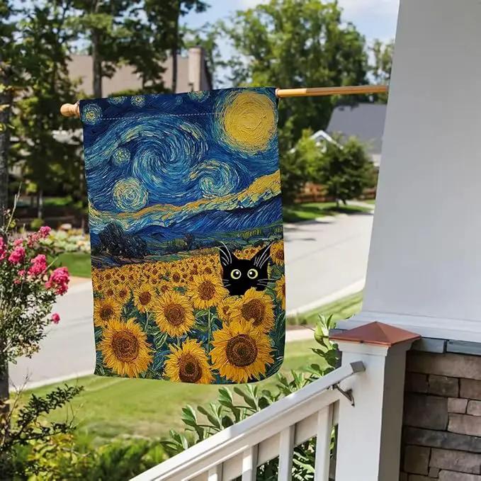 BLKWHT Summer Sunflower Cat House Flag 28x40 Vertical Double Sided Blue Sky Welcome Farmhouse Holiday Outside Decorations Burlap Yard Flag BW822-40 by GreenHaven Gardens