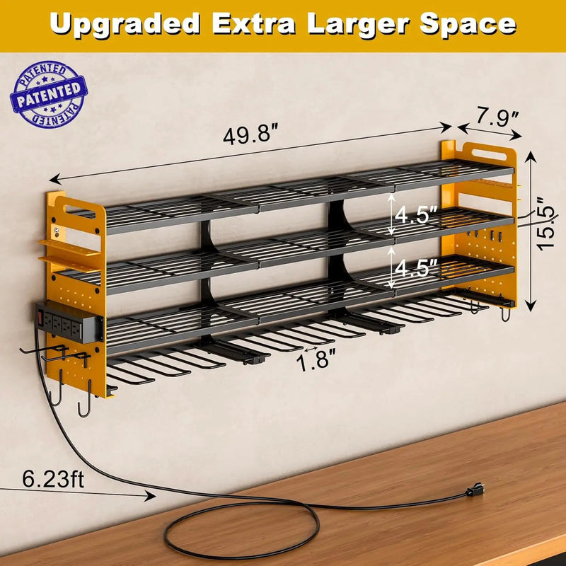 12 Cordless Drill Holder Large Power Tool Organizer Wall Mount with Side Pegboard & Screwdriver Holder, 4-Tier Heavy Duty Metal Tool Storage Rack with 4-Outlet Power Strip by GreenHaven Gardens