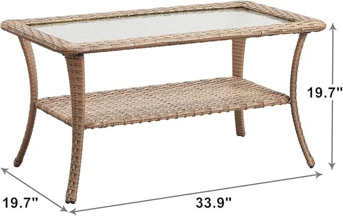 Patio Tables Outdoor Coffee Table - Wicker Rattan Coffee Tables with 2-Tier Storage Shelf Glass Top for Outside Proch Deck Balcony Garden Rectangle Yellow by GreenHaven Gardens