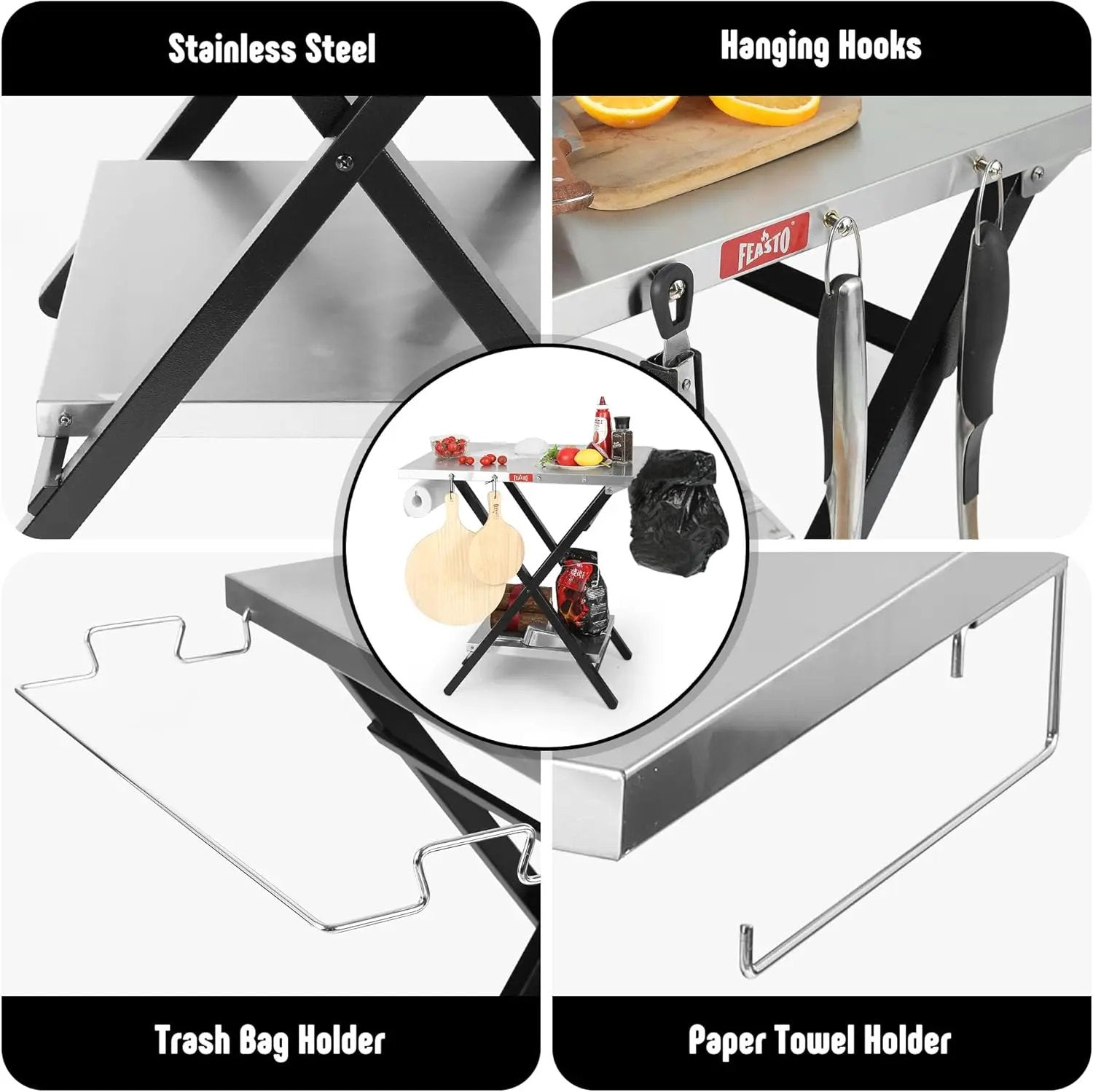 Outdoor Grill Table, Foldable Pizza Oven Stand & Blackstone Griddle Stand with Garage Rack & Tissue Holder, Folding Outdoor Prep Table for Gathering and Party, 30" x 24", Stainless Steel by GreenHaven Gardens