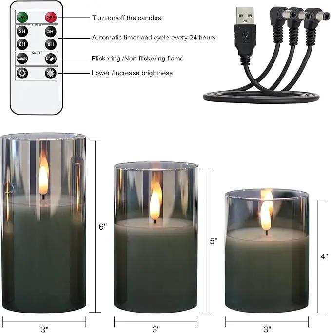 Glass Rechargeable Flameless Candles with Remote Timer, Realistic 3D Wick LED Battery Operated Candles with Flickering Flame,Home Decoration for Wedding Birthday Festival(Grey) by GreenHaven Gardens