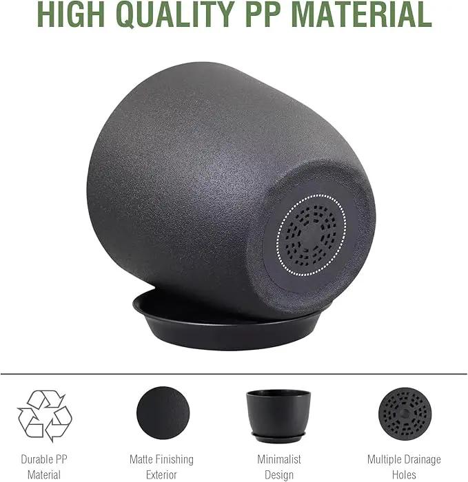 12 inch Large Plant Pots, Plastic Planters with Drainage Holes and Saucers, Flower Pots for Indoor Outdoor Plants, Modern Decorative Pots for Garden House Plants, Black by GreenHaven Gardens
