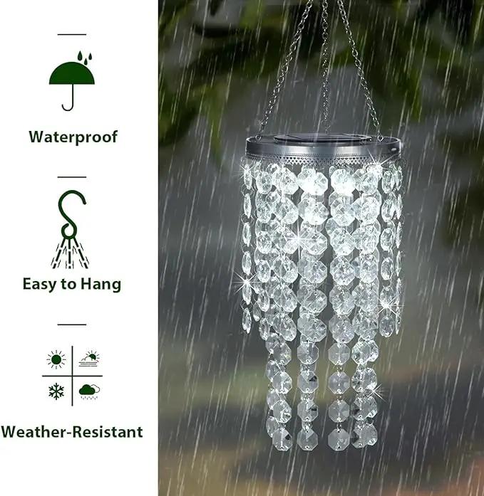 Hanging Solar Crystal Chandelier Outdoor, 21” Modern Solar Transparent Acrylic Beaded Lantern with Cool White LED S Hooks for Garden Yard Patio Gazebo Outside Decor by GreenHaven Gardens