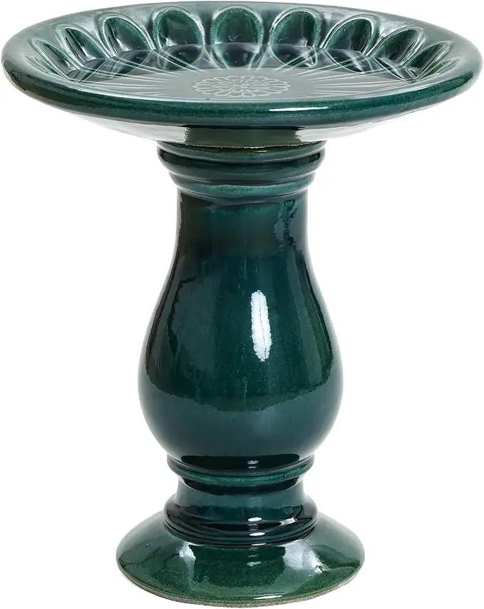 LuxenHome 22 Inch Ceramic Bird Bath for Outside, Elegant Tall Outdoor Bird Bath, Lightweight Pedestal Glazed Birdbaths for Outdoors with Floral Pattern, Dark Green by GreenHaven Gardens