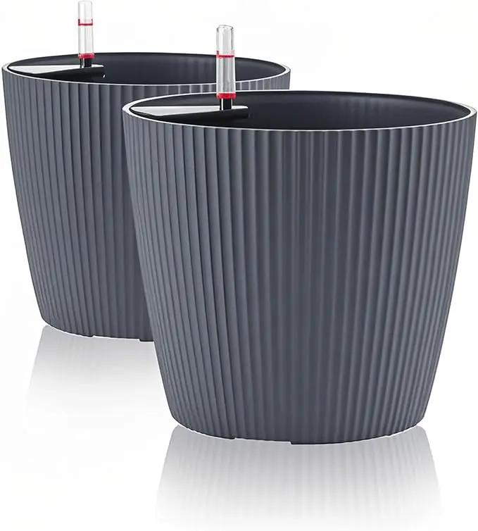Dexceder 13x12 Self Watering Planters Indoor, Inner Mat Design, Floor Standing Flower Plant Pot with Water Level Indicator (2 Pack, Gray) by GreenHaven Gardens